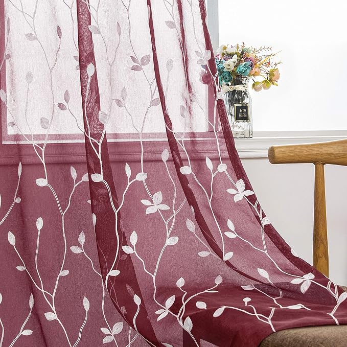 AmHoo 2 Panels Embroidered Leaf Pattern Semi Sheer Curtains Foliage Floral by AmHootextile