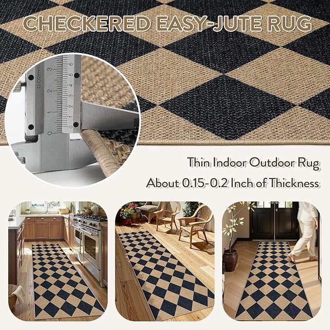 Lahome Colette Checkered Easy Jute Runner Rug, 2x8 Hallway Kitchen Runner Rug - Image 5
