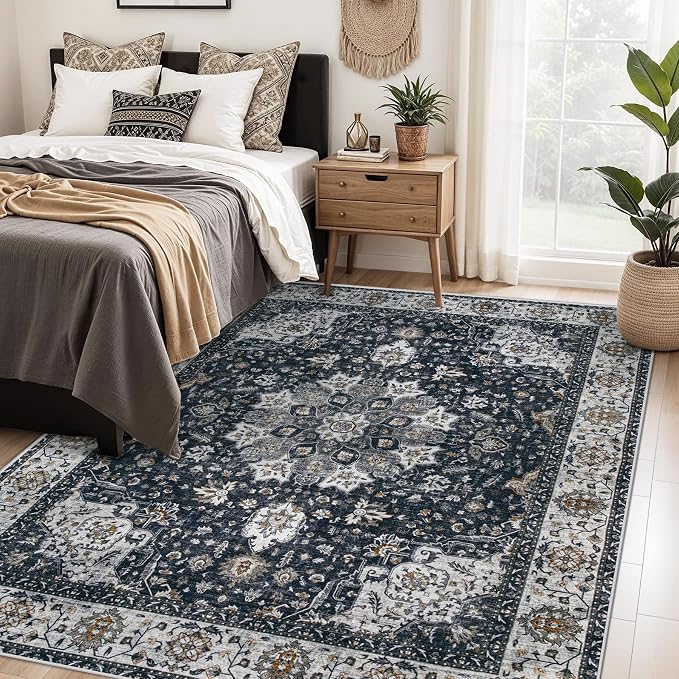 Area Rug 5x7 Washable Rug, Vintage Boho Medallion Rugs Non-Slip Soft Low Pile - Image 2