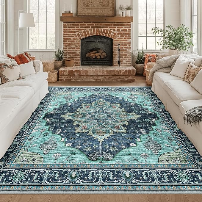 RELEANY Area Rugs Square 8ft Washable Non-Slip, Floral Vintage Distress Print by RELEANY