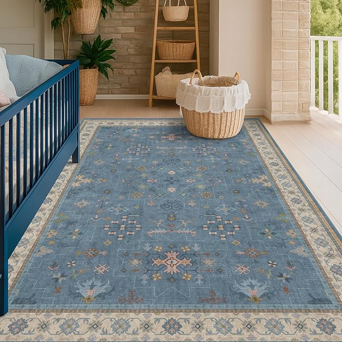 5x8 Rug for Living Room, Boho Eclectic Area Rugs Blue Modern Low-Pile Carpet - Image 6