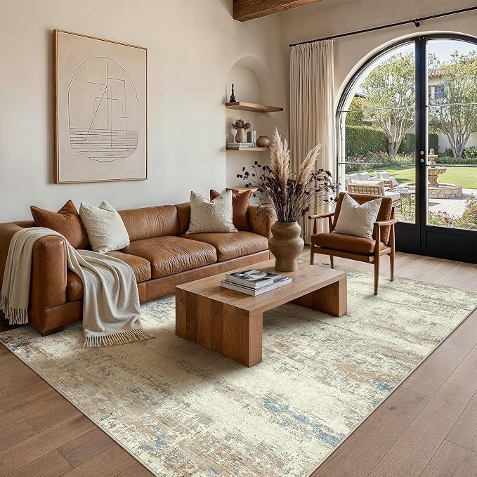 PureCozy 5x7 Area Rug Washable Beige Brown Abstract Living Room Carpet Non Slip - Image 2
