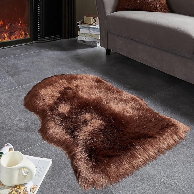 AMTOVO Faux Fur Rug, Coffee Small Area Rug, Fluffy Sheepskin Rug, Fuzzy Ultra - Image 5