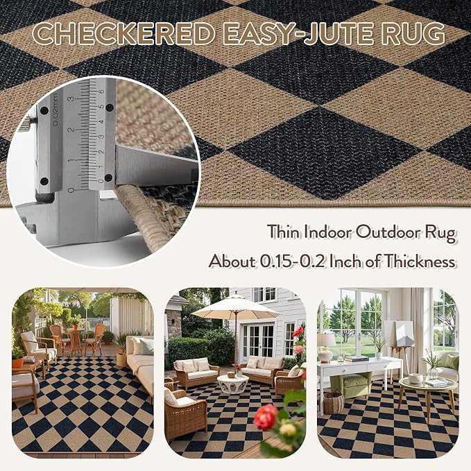 Lahome Colette Checkered Easy Jute Carpet, Washable 8x10 Rugs - Image 3