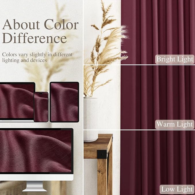 Nanspring Burgundy Linen Curtains Semi Sheer 96 Inches Long 2 Panels Set - Image 3