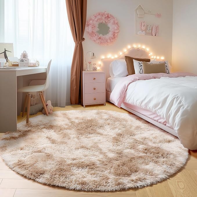 ONASAR Tie-Dye Beige Round Area Rugs 5ft, Soft Bedroom Circle Rug Floor Mats - Image 3