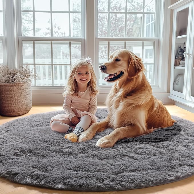 ONASAR Grey Round Area Rugs 5ft, Fluffy Plush Shaggy Carpet - Image 6