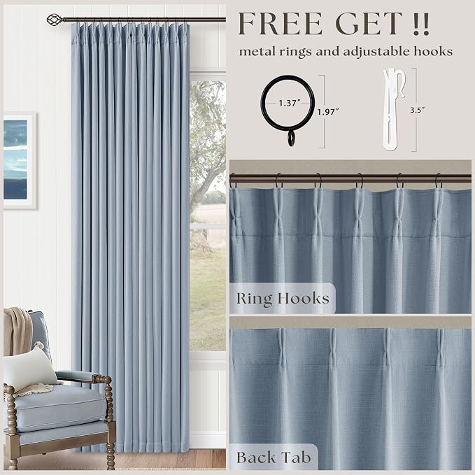 Blue Pinch Pleated Linen Blackout Dual Layer Curtains 108 Inches Length | Light - Image 3