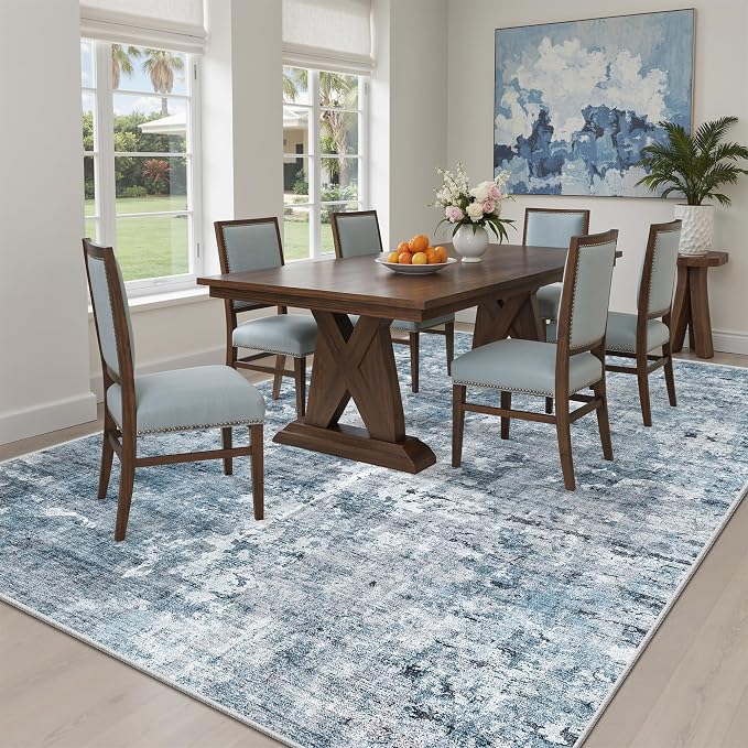 Abstract Rug 5x7 Machine Washable Area Indoor Blue Low Pile Non-Slip Foldable - Image 3