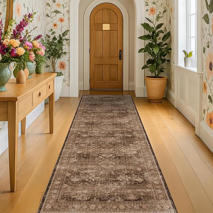 Brown Boho Washable 2x7 Runner Rugs by HazoHaus
