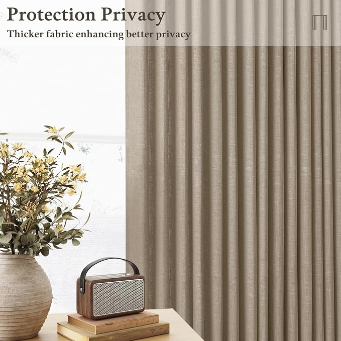 Linen Grey Beige Camel Pleated Light Filtering Curtains 120 Inch Long 50W | - Image 3