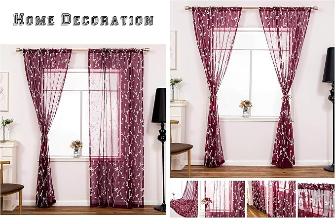 AmHoo 2 Panels Embroidered Leaf Pattern Semi Sheer Curtains Foliage Floral - Image 5