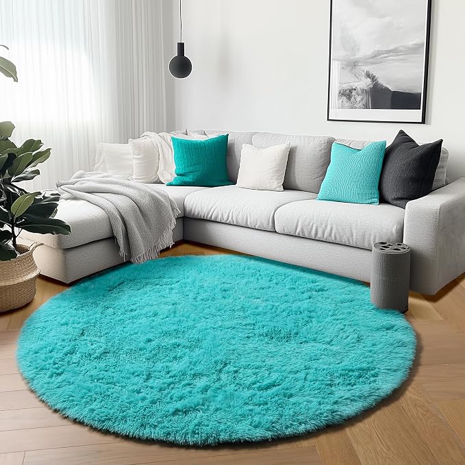 ONASAR Teal Blue Round Area Rug 4ft, Soft Fluffy Bedroom Bedside Floor Circle - Image 3
