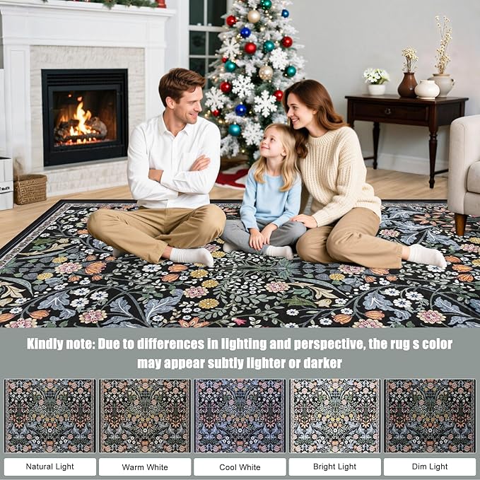 Round Area Rug for Living Room: 4 ft Floral Washable Circle Rug Soft Boho - Image 9
