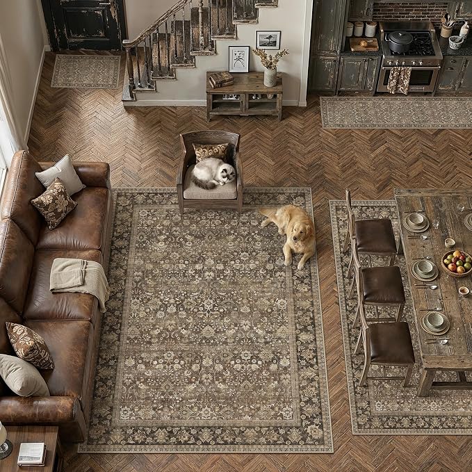 10x14 Brown Vintage Floral Washable Area Rug - Image 4