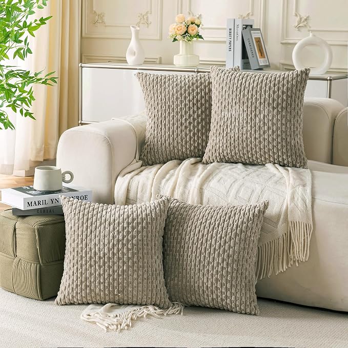 Set of 4 Taupe Decorative Throw Pillow Covers 26x26 Inch Corduroy Pillow Covers by Cozoomy