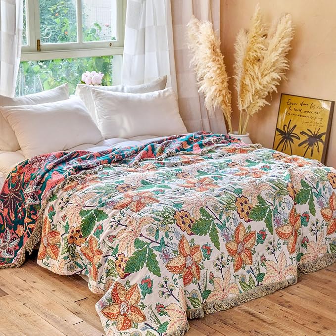 MSGKV Boho Throw Blanket for Bed Twin Size 100% Cotton Floral Blanket 60"x80" - Image 5