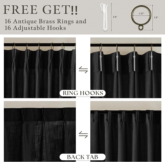 Black Linen Pleat Light Filtering Memory Shape Train Curtains 84 Inch Long | - Image 5