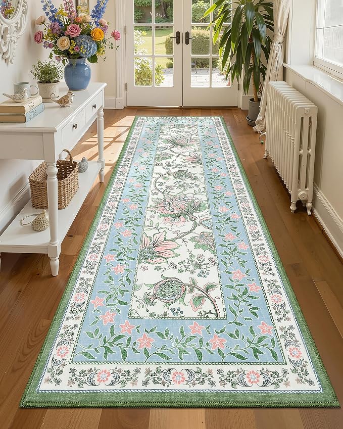 GarveeHome Blue Green Pink 2x6 Washable Kitchen Runner Rugs Non Slip Provence - Image 2