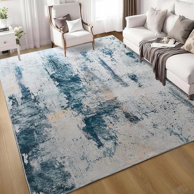 Living Room Rug 7x10 Aqua Blue Area Rugs Machine Washable Abstract Boho Large by OmpaaHomeDecor