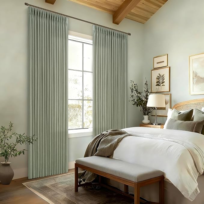 105 Inch Semi Sheer Light Green Pleated Linen Country Curtains W50xL105 | Sage - Image 7