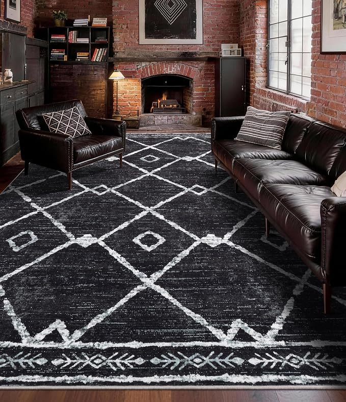 YIHOUSE Moroccan Rugs for Living Room, 8x10 Black and White Aztec Area Rug by YIHOUSE