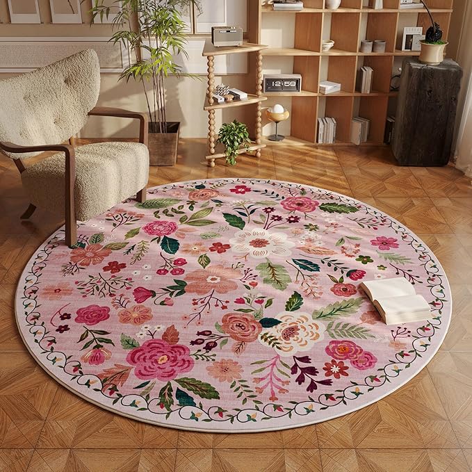 Rugcomf Round Rug 4ft Washable Circle Rug Non Slip Low Pile Boho Floral Small by Rugcomf