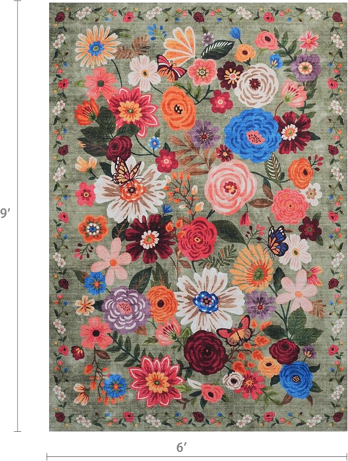 Floral Washable 6x9 Area Rugs Green, Soft Bedroom Rug - Image 2