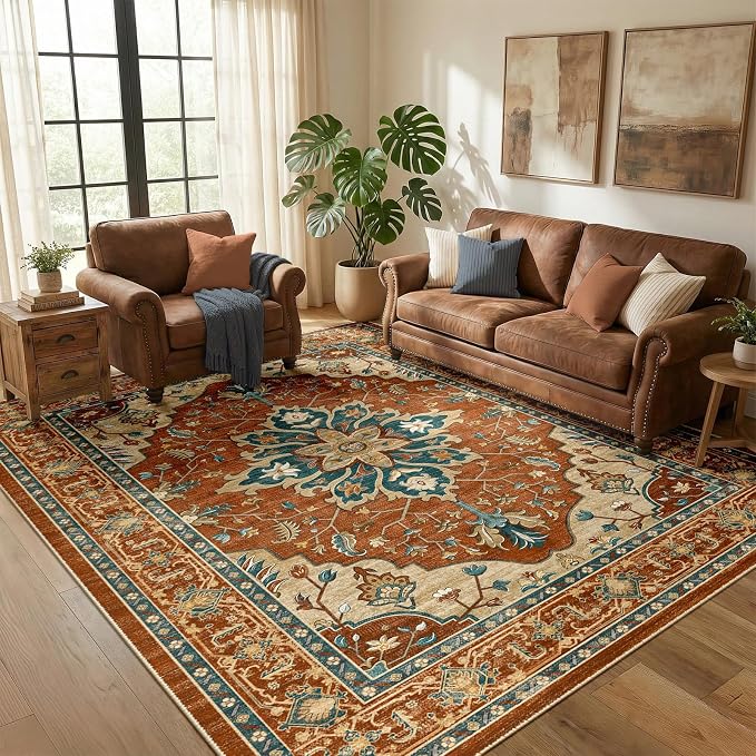 Area Rugs 5'x7' Washable Non-Slip, Floral Vintage Distress Print Pattern by RELEANY
