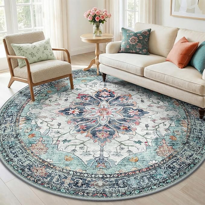 Area Rugs 6ft Washable Non-Slip, Floral Vintage Distress Print Pattern by RELEANY