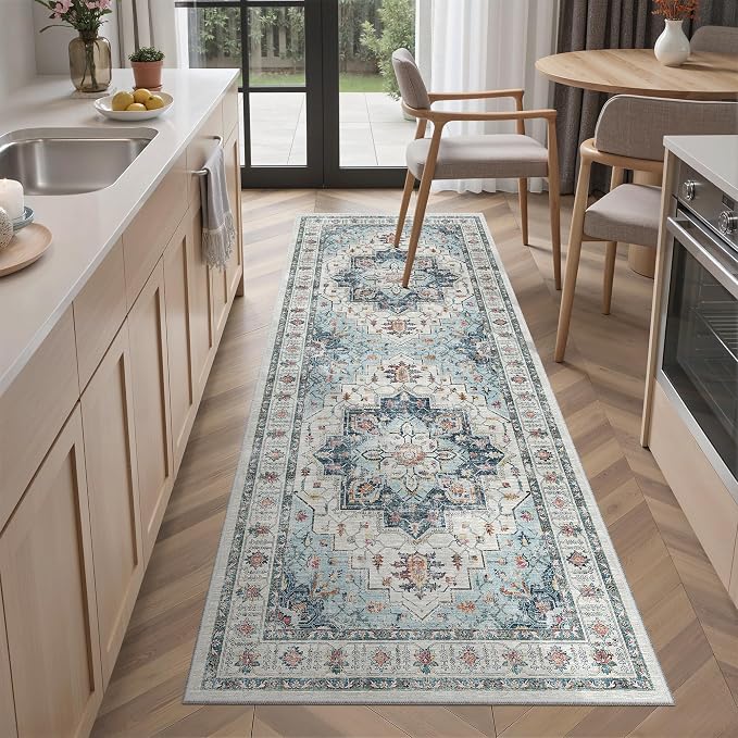 Madane Blue Runner Rug, Stain Resistant, Machine-Made, Microfiber, Living Room - Image 3