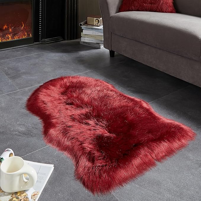 AMTOVO Faux Fur Rug, Burgundy Small Area Rug, Fluffy Sheepskin Rug, Fuzzy Ultra - Image 5