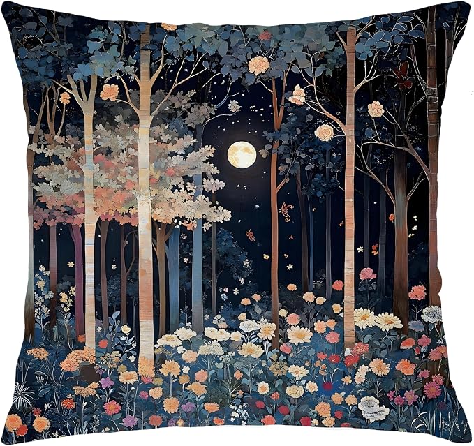 Rustic William Morris Inspired Night Moon Forest Decor Pillow Covers 18x18 by Unknown
