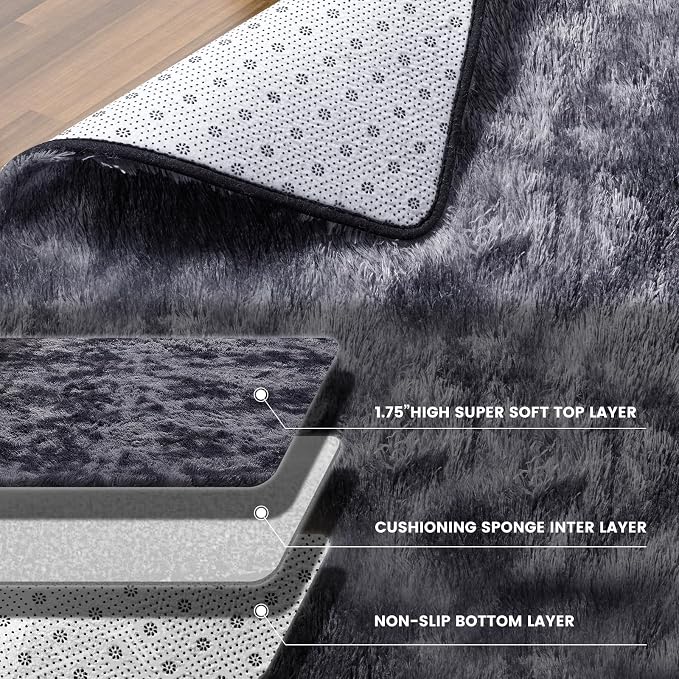 KNZE 9X12 Feet High Pile Tie-Dye Rug, Dark Grey, Area Rug - Image 5