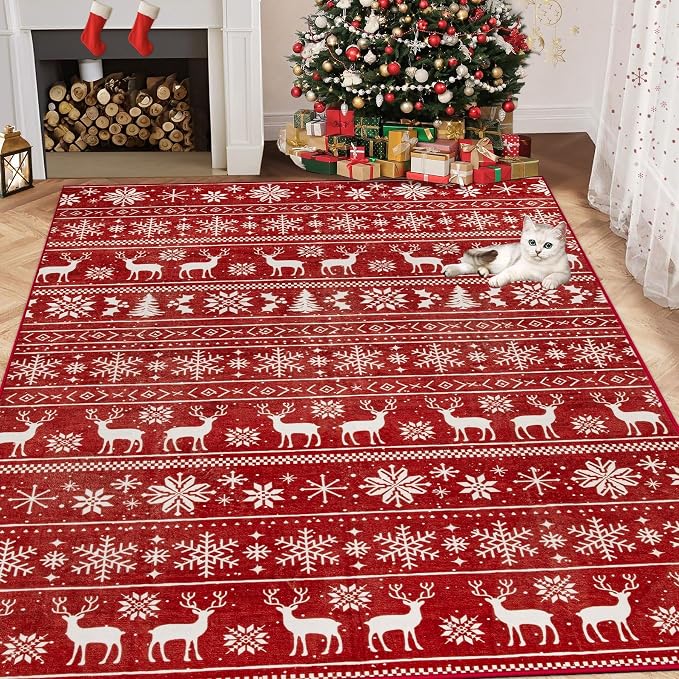Christmas Rug 4x6 Washable Rugs, Boho Christmas Tree Snowflake Rug Non-Slip - Image 3