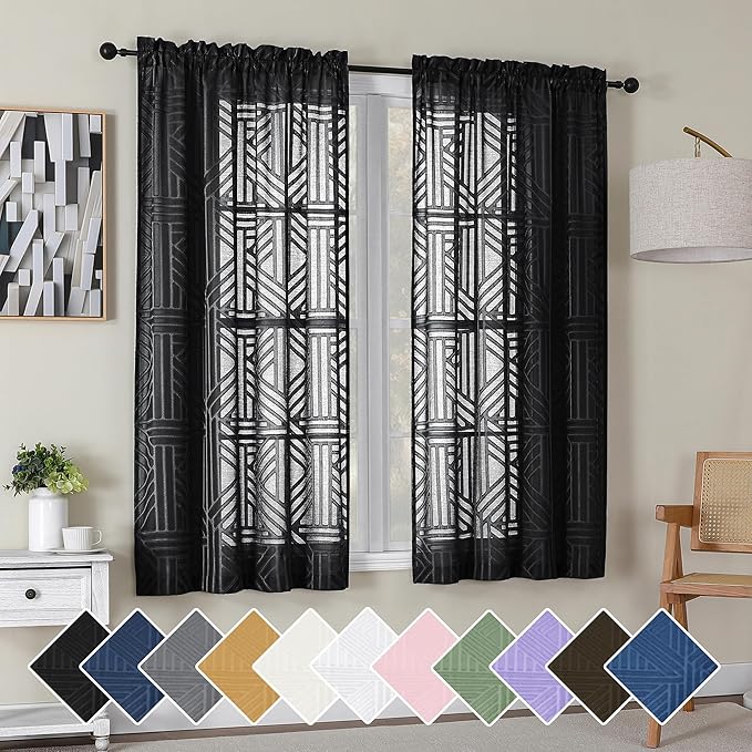 Simplebrand Black Semi Sheer Curtains 63 Inch Length 2 Panels, Light Filtering by Simplebrand