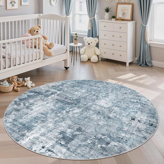 6x6 Blue/Grey Round Rug 6ft Living Room Circle Rug Vintage Round Area Rug Non - Image 3