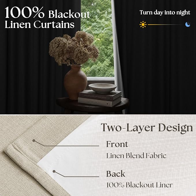 Memory Trained Pinch Pleated 100% Blackout Linen 86 Inch Curtains Oatmeal | - Image 3