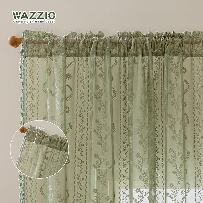 WAZZIO Boho Lace Curtains 2 Panels 63 Inch -Vintage Victorian Sheer Panel Drape - Image 8