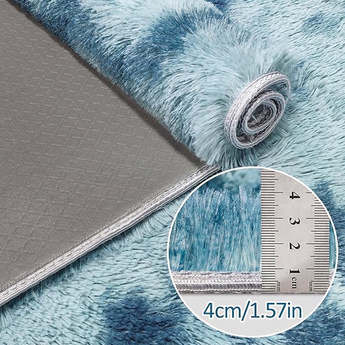 Super Soft Fluffy Living Room Area Rug 2x6 ft Tie-Dyed Light Blue Shaggy Furry - Image 5