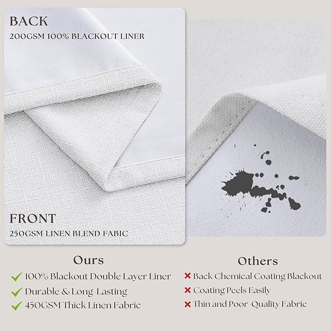 Snow White Pleated Linen 100% Blackout Curtains 108 Inches Long | Pinch Pleat - Image 6