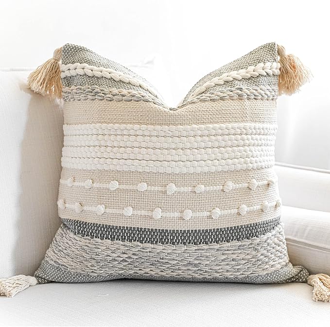 Gray Boho Throw Pillow Cover 18x18 Grey Decorative Accent Pillow by BlissBlush