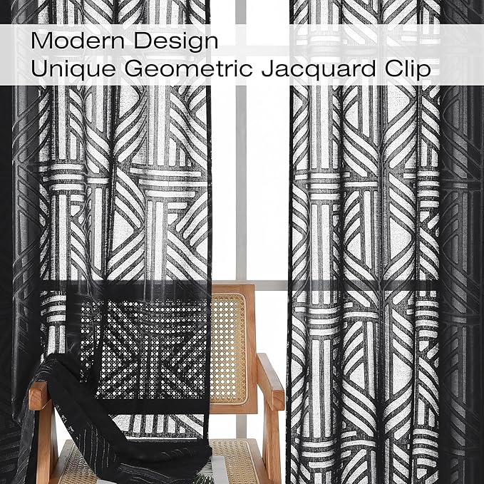 Simplebrand Semi Sheer Black Curtains 30 Inch Length 2 Panels, Geometric - Image 4