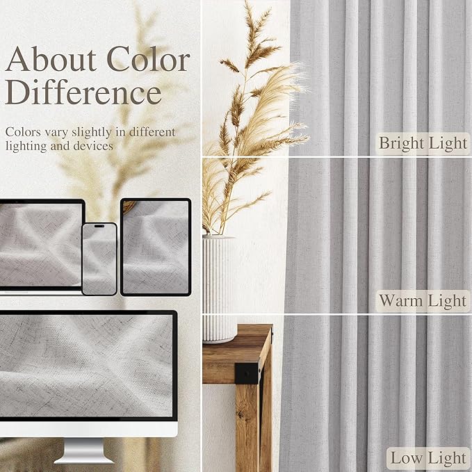 Nanspring Grey Linen Semi Sheer Curtains 108 Inches Long 2 Panels Back Tab Loop - Image 4