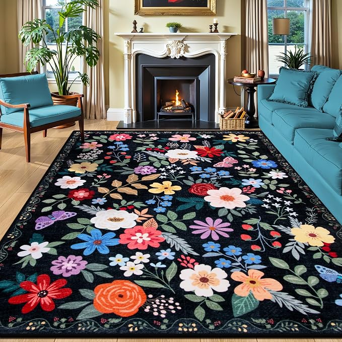 PLHXFR Area Rug 10x14 Living Room: Floral Washable Boho Soft Carpet Black | by PLHXFRSoftAreaRugs