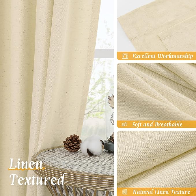 LAMIT Beige Linen Curtains for Windows 2 Panels Set, 48 Inch Linen Textured - Image 7