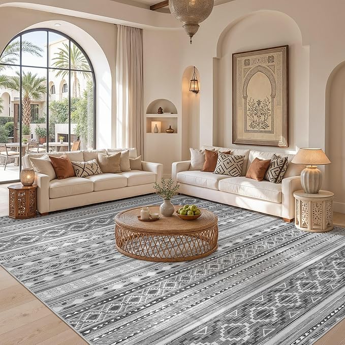 cotiled Boho 9x12 Area Rug for Living Room: Large Moroccan Washable Rug | Stain - Image 5