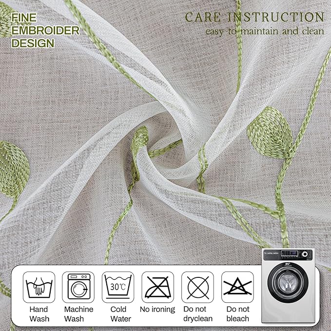 AmHoo 2 Panels Embroidered Leaf Pattern Semi Sheer Curtains Foliage Floral - Image 4
