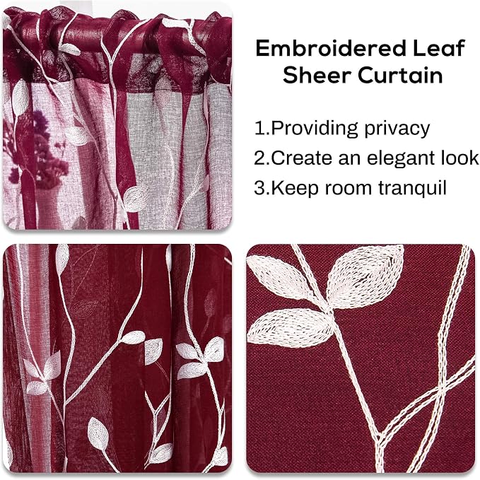 AmHoo 2 Panels Embroidered Leaf Pattern Semi Sheer Curtains Foliage Floral - Image 4
