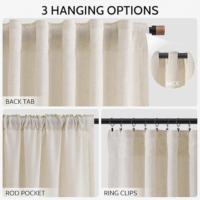 Nanspring Living Room Curtains 63 Inch Length Linen Birch Beige Luxury Light - Image 2